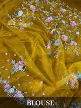 Mustard Golden Hand embroidery Organza Silk Saree