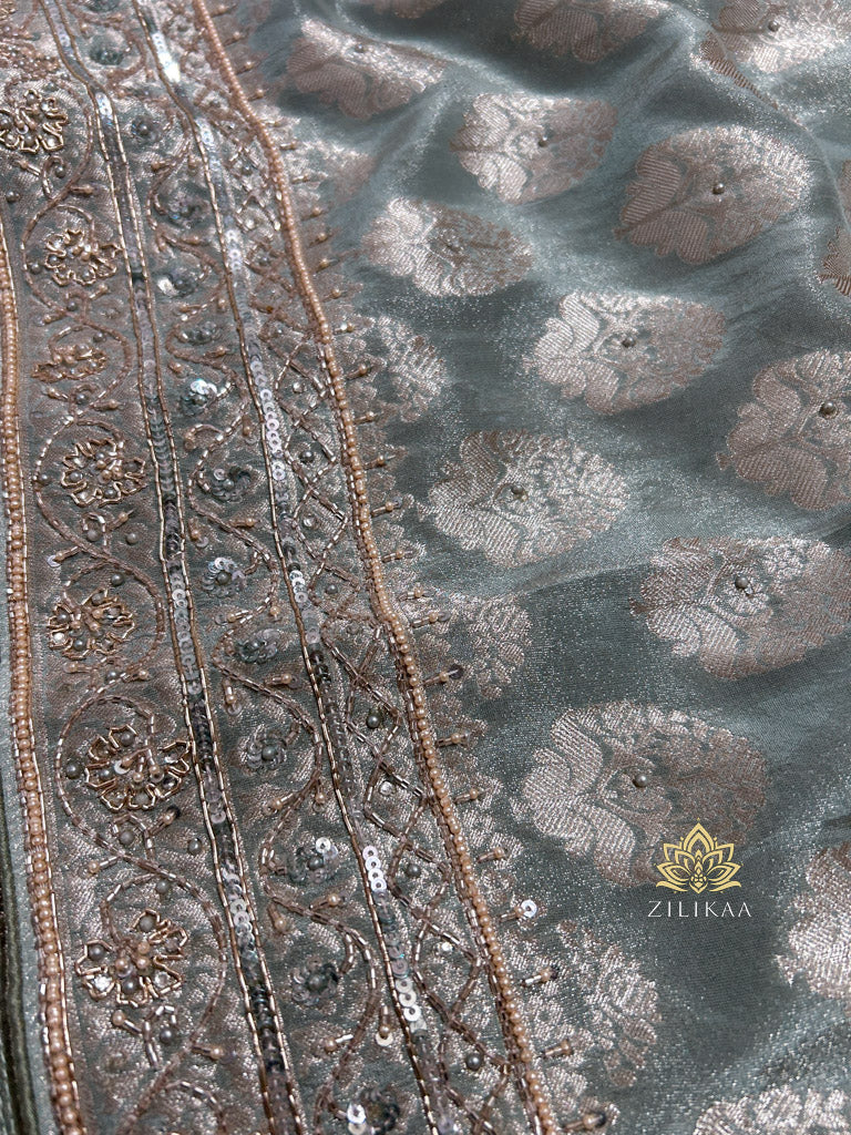 Ocean Green Zari Tissue Silk Saree with Beautiful Hand Embroidery