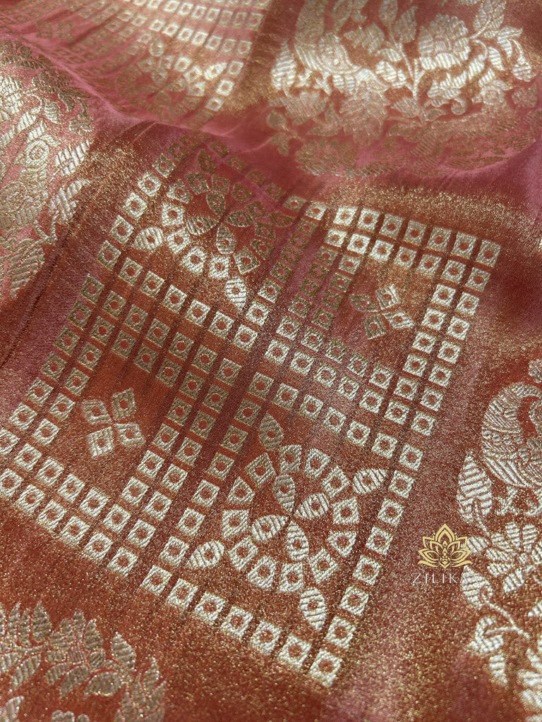 Orchid Peach Zardozi Handwork Zari Tissue Silk Saree