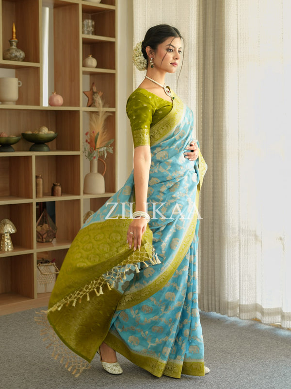 English Blue Munga Silk Saree