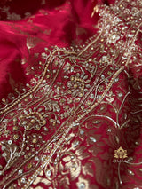 Calcutta Red Zardozi Handwork Mulberry Banarasi Silk Saree