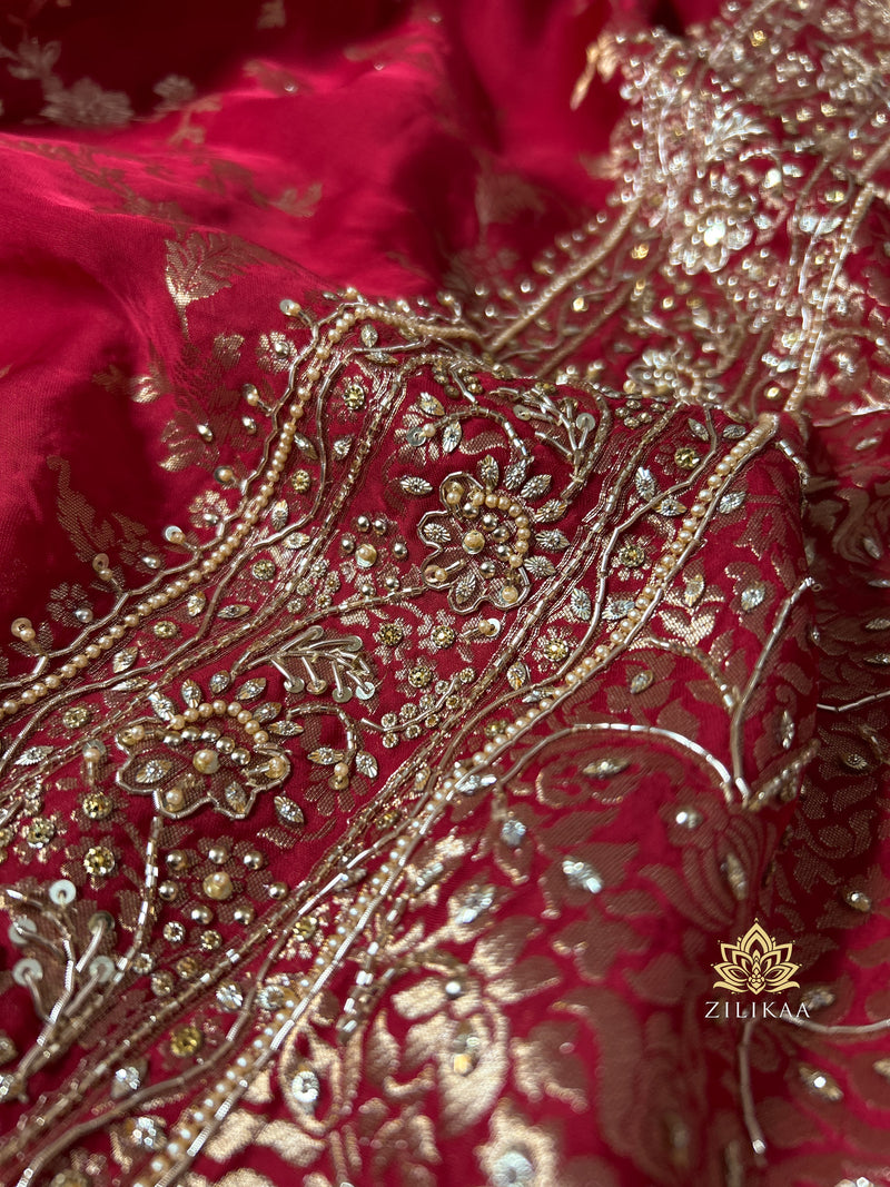 Calcutta Red Zardozi Handwork Mulberry Banarasi Silk Saree