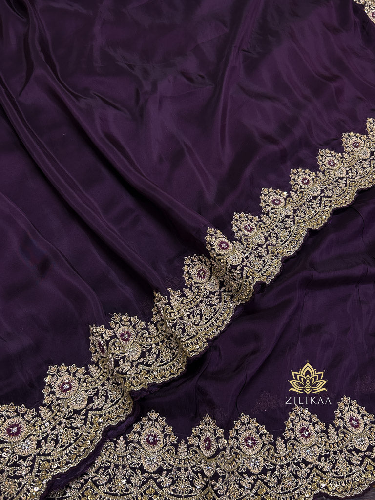 Plum Purple Munga Silk Saree With Zardozi Scalloped Border