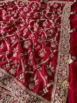 Calcutta Red Aari Zardozi Handwork Satin Silk Saree