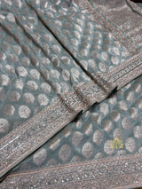 Ocean Green Zari Tissue Silk Saree with Beautiful Hand Embroidery