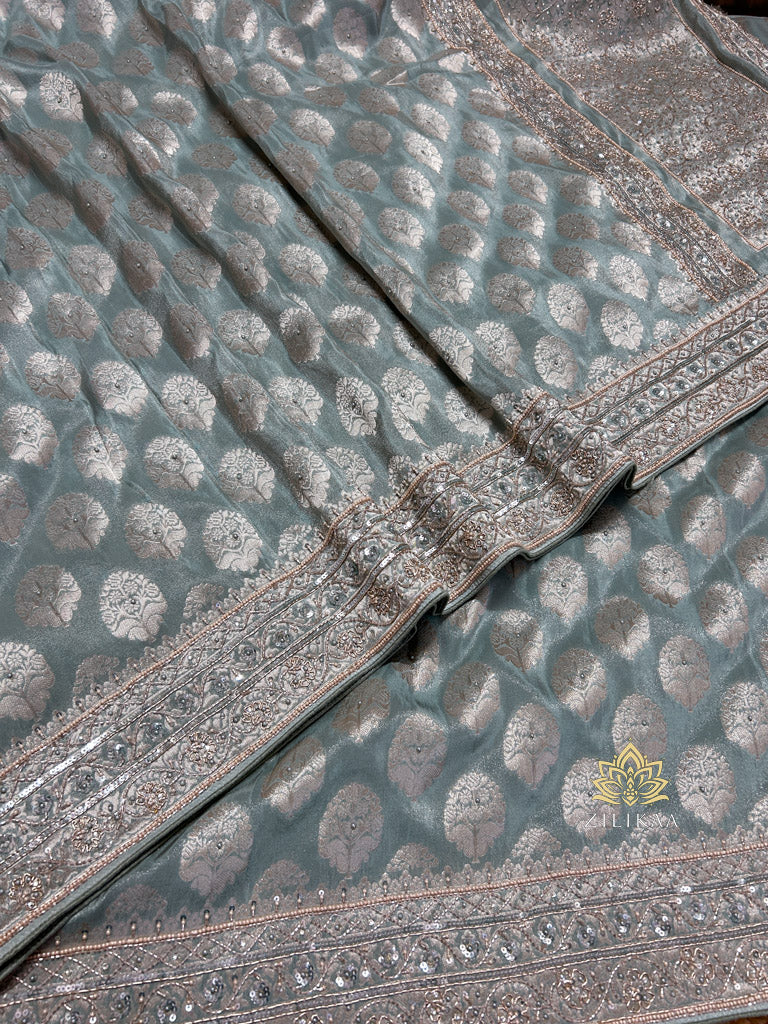 Ocean Green Zari Tissue Silk Saree with Beautiful Hand Embroidery