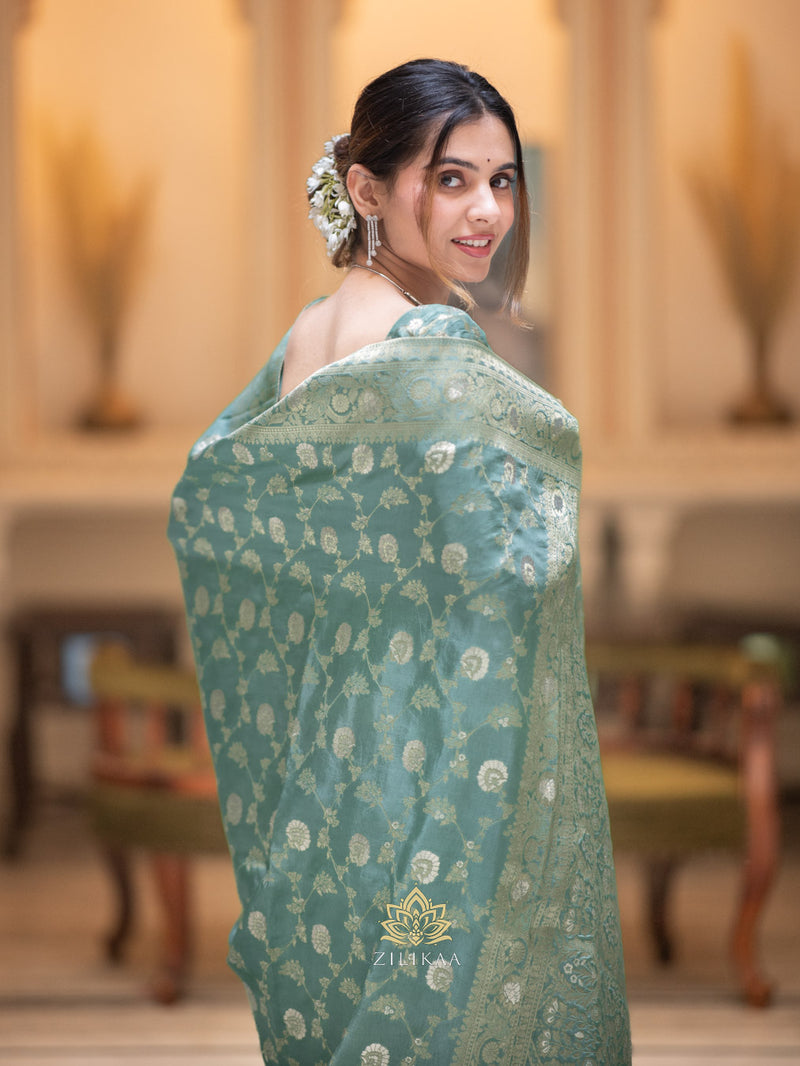 Turquoise Green Banarasi Uppada Silk Saree