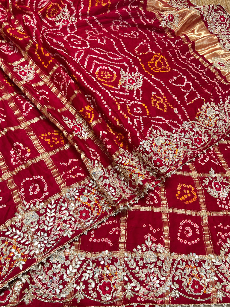 Calcutta Red Gotapatti Handwork Gajji Silk Ghatchola Bandhani Saree