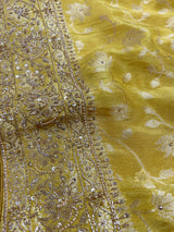 Lemon Yellow Zardozi Handwork Zari Tissue Silk Saree