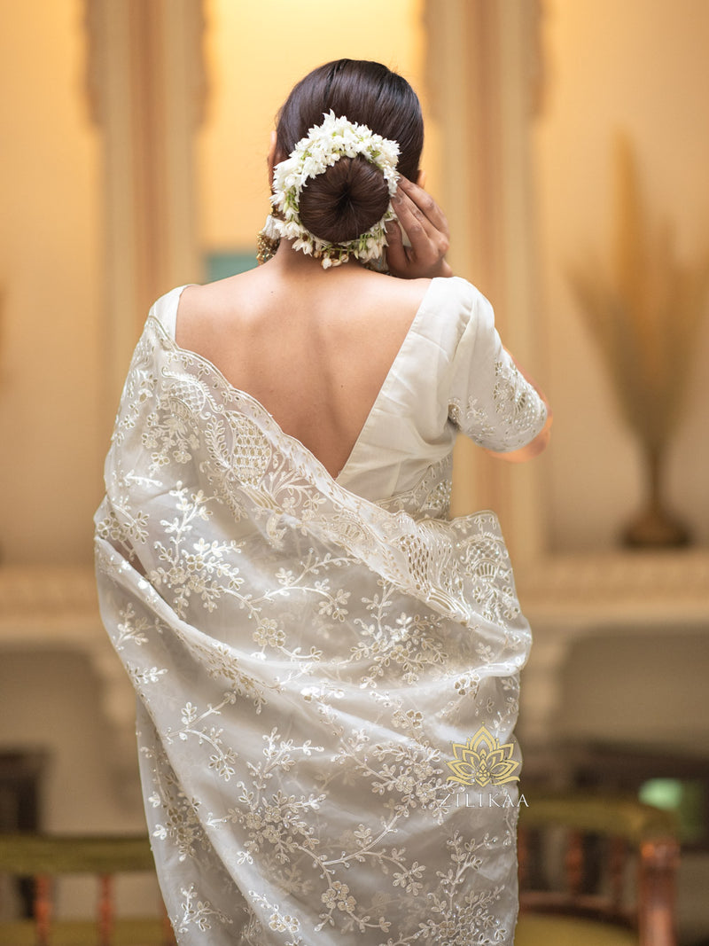 Ivory white Gota Embroidery French Silk Saree