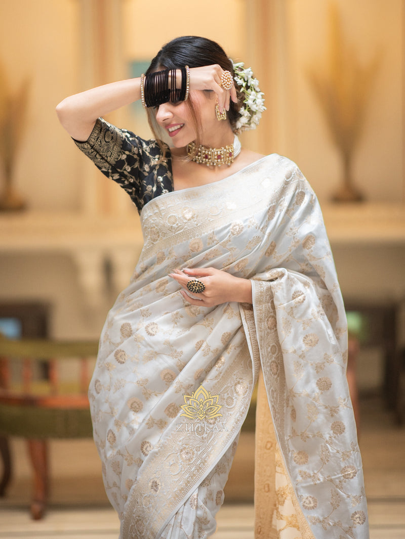Pearl White Banarasi Uppada Silk Saree