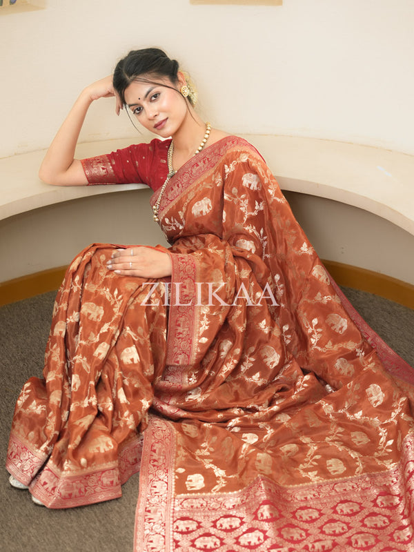 Burnt Orange Munga Silk Saree