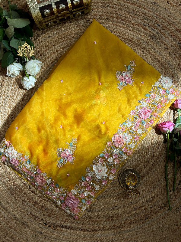 Mustard Golden Hand embroidery Organza Silk Saree