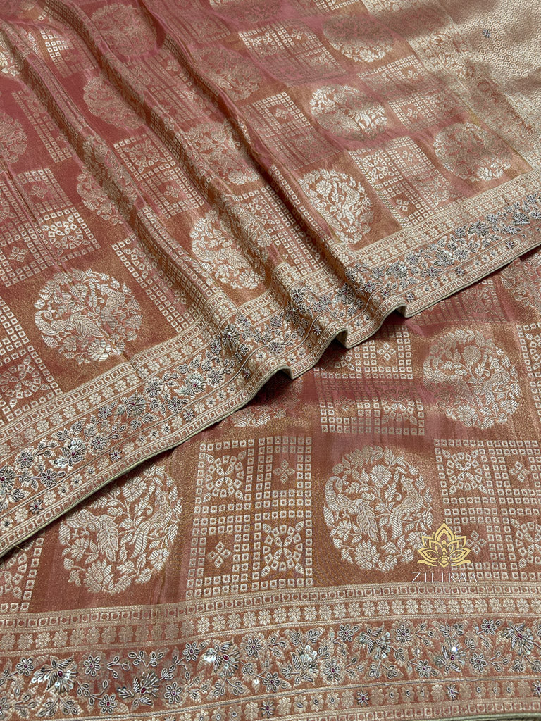 Orchid Peach Zardozi Handwork Zari Tissue Silk Saree