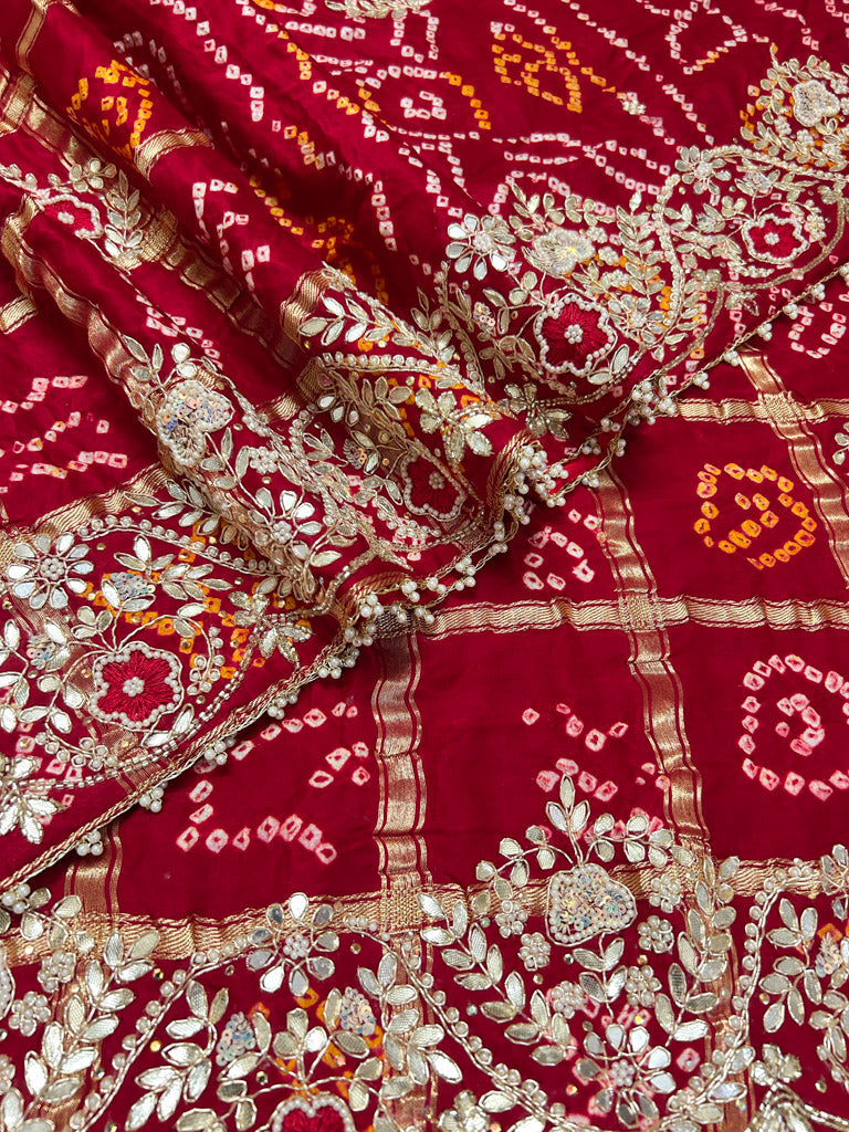 Calcutta Red Gotapatti Handwork Gajji Silk Ghatchola Bandhani Saree