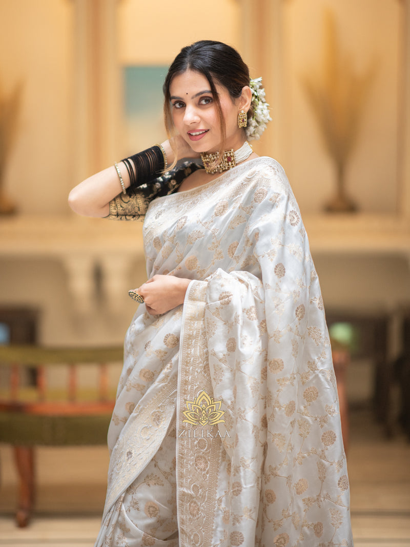Pearl White Banarasi Uppada Silk Saree