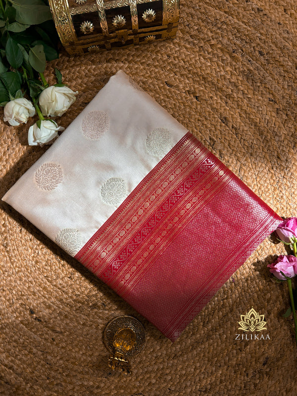 Ivory with Red Banarasi Katan Silk Saree