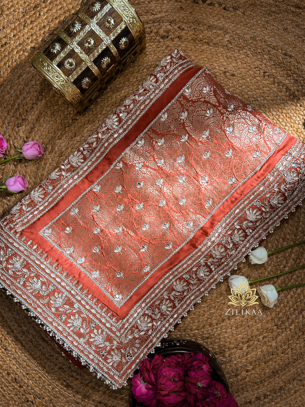 Rusty Orange Zardozi Handwork Mulberry Banarasi Silk Saree