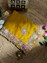 Mustard Golden Hand embroidery Organza Silk Saree