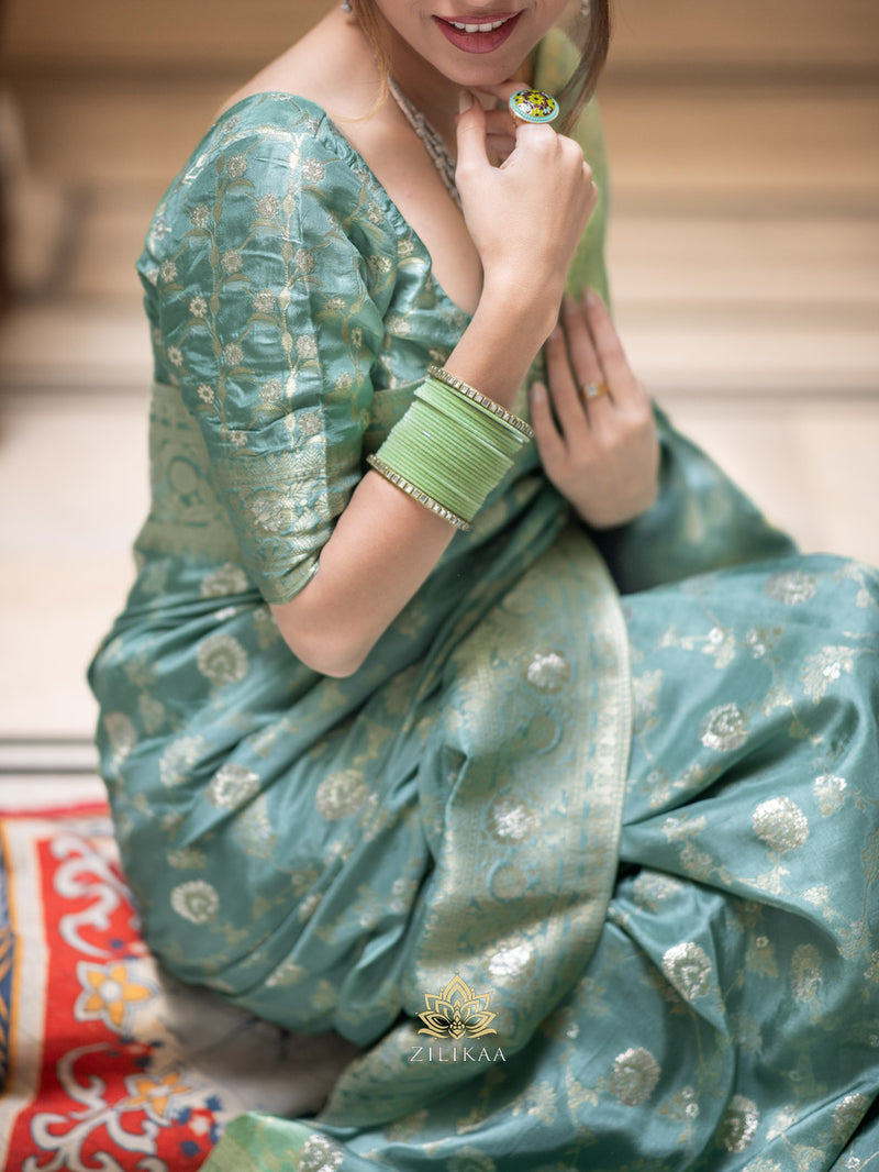 Turquoise Green Banarasi Uppada Silk Saree