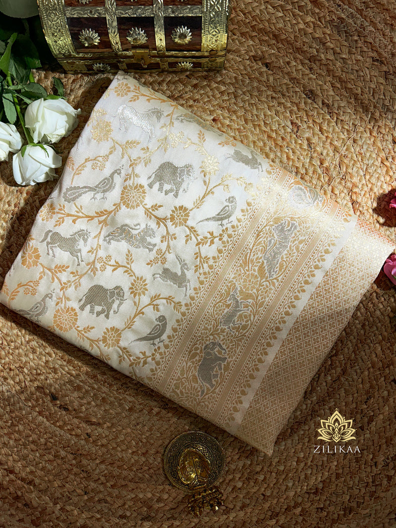 Ivory white Shikargah Banarasi Katan Silk Saree