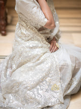 Ivory white Gota Embroidery French Silk Saree
