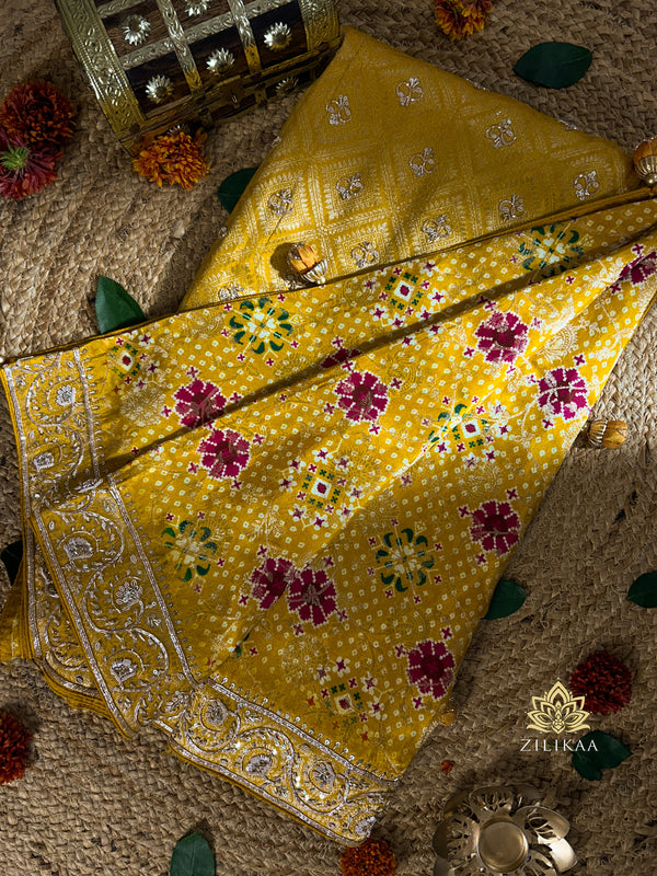Daffodil Yellow Zardozi Handwork Bandhani print Designer Silk Saree