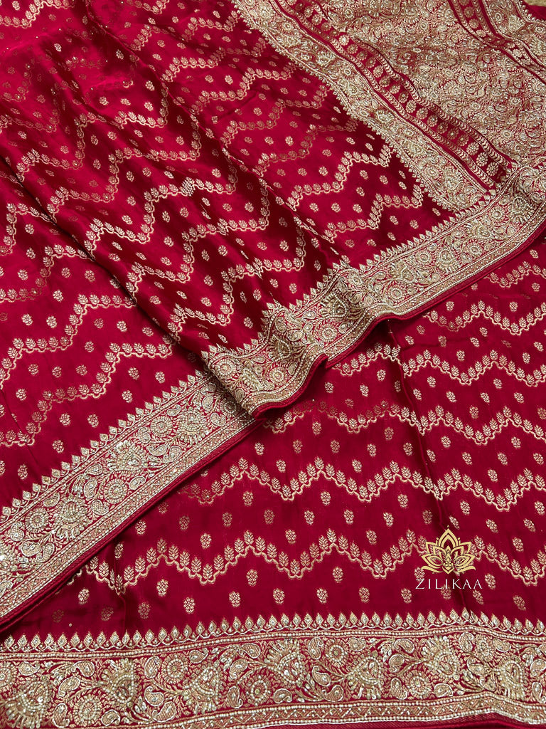 Calcutta Red Zardozi Handwork Mulberry Banarasi Silk Saree