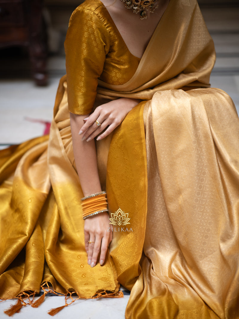 Ivory Golden Kanjeevaram Silk Saree