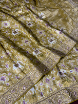 Olive Green Zardozi Handwork Patola Designer Munga silk saree