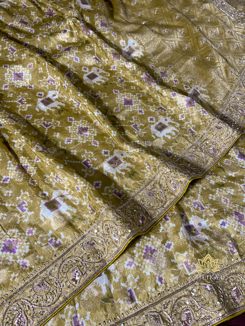 Olive Green Zardozi Handwork Patola Designer Munga silk saree
