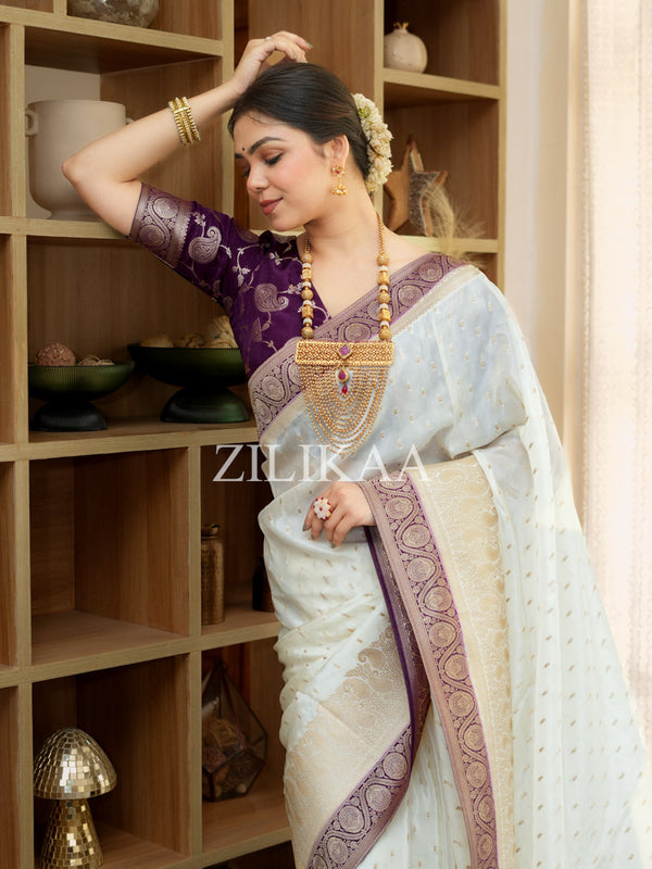 Ivory Purple Munga Silk Saree