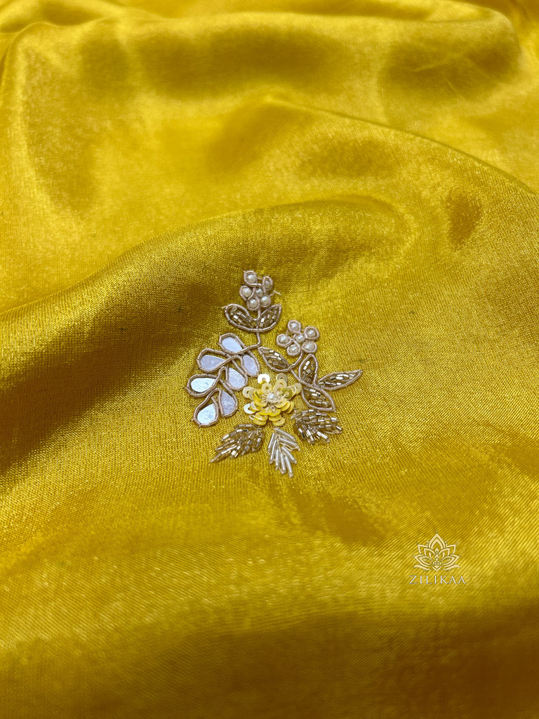 Mustard Golden Soft Tissue Silk Saree with Zardozi Handwork
