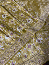Olive Green Zardozi Handwork Patola Designer Munga silk saree