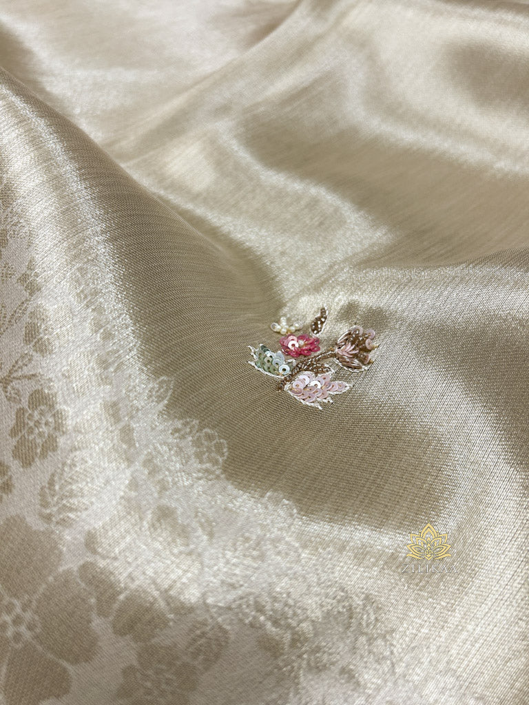 Ivory White Soft Tissue Silk Saree With Scalloped Sequins Zardozi Pearl Handwork