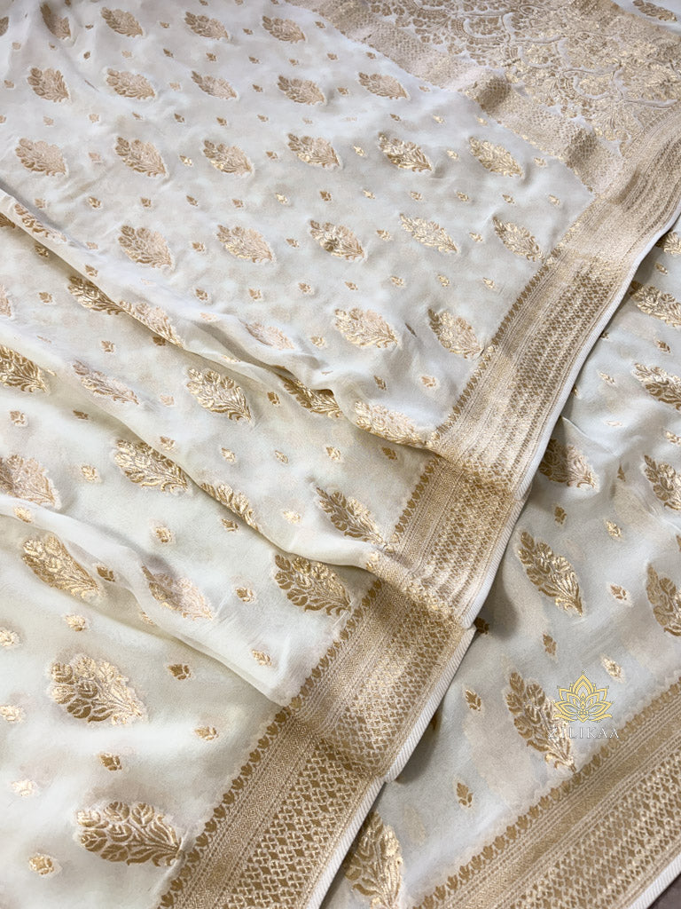 Ivory White Banarasi Khaddi Weaved Georgette Saree