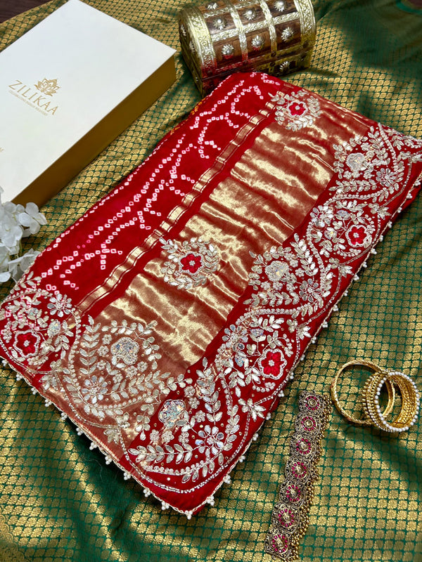 Calcutta Red Gotapatti Handwork Gajji Silk Ghatchola Bandhani Saree