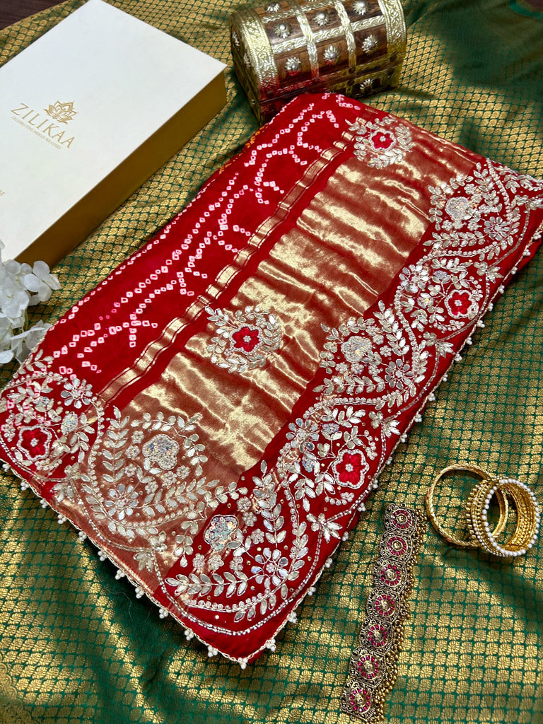 Calcutta Red Gotapatti Handwork Gajji Silk Ghatchola Bandhani Saree