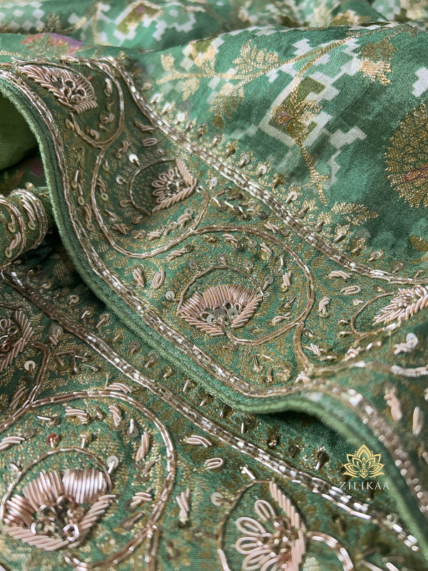 Fern Green Zardozi Patola print Designer Munga silk saree