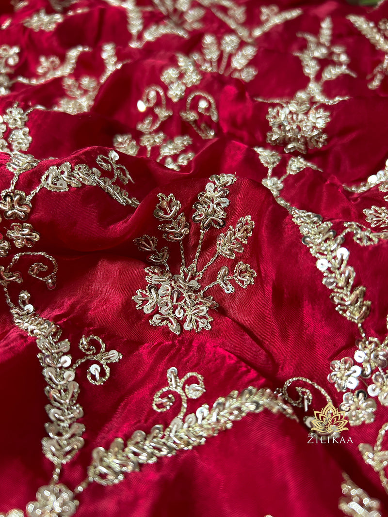 Calcutta Red Aari Zardozi Handwork Satin Silk Saree