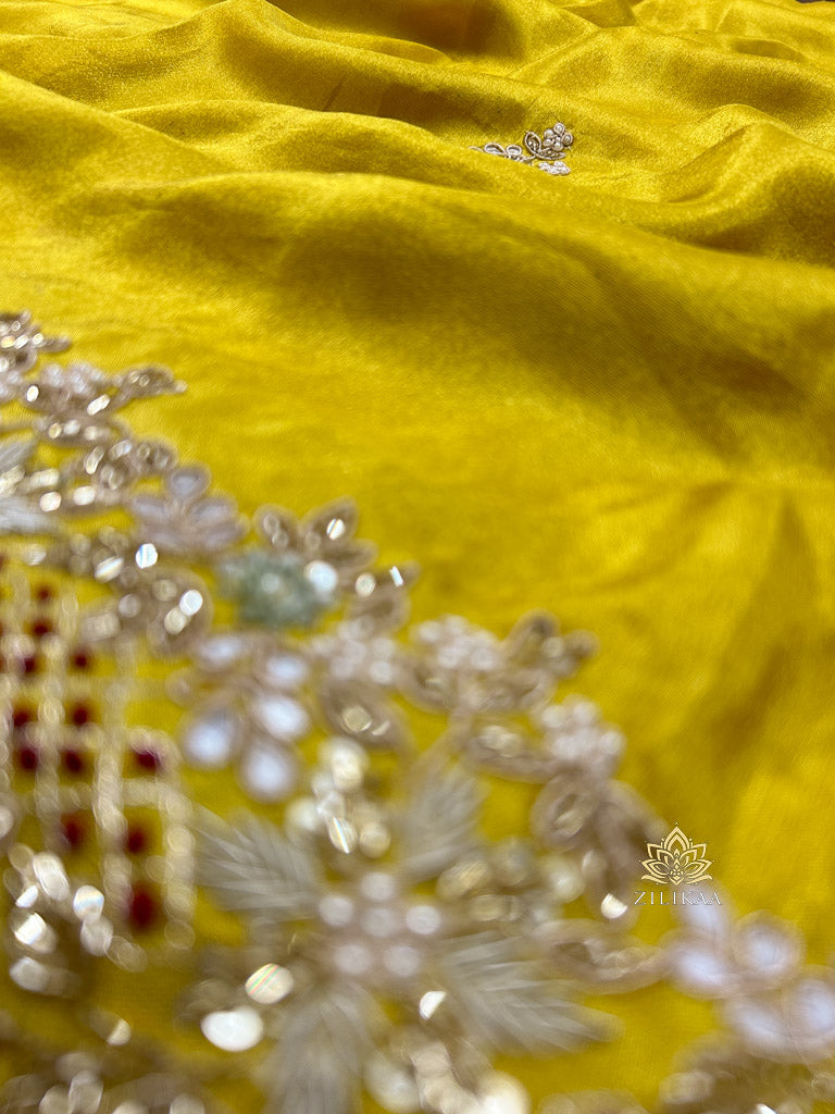 Mustard Golden Soft Tissue Silk Saree with Zardozi Handwork