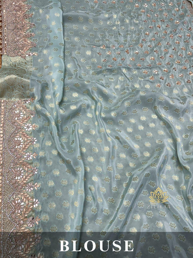 Ocean green Zardozi Handwork Munga Banarasi SIlk Saree