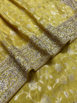Lemon Yellow Zardozi Handwork Zari Tissue Silk Saree