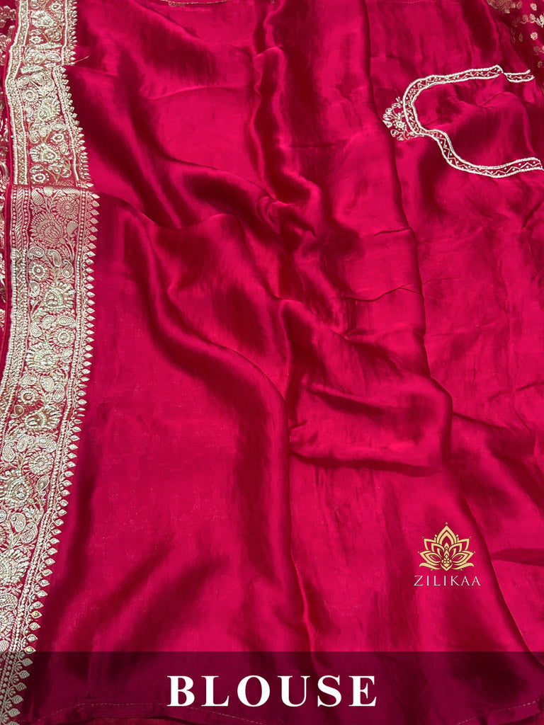 Calcutta Red Zardozi Handwork Mulberry Banarasi Silk Saree
