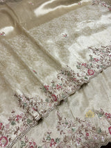 Ivory White Soft Tissue Silk Saree With Scalloped Sequins Zardozi Pearl Handwork
