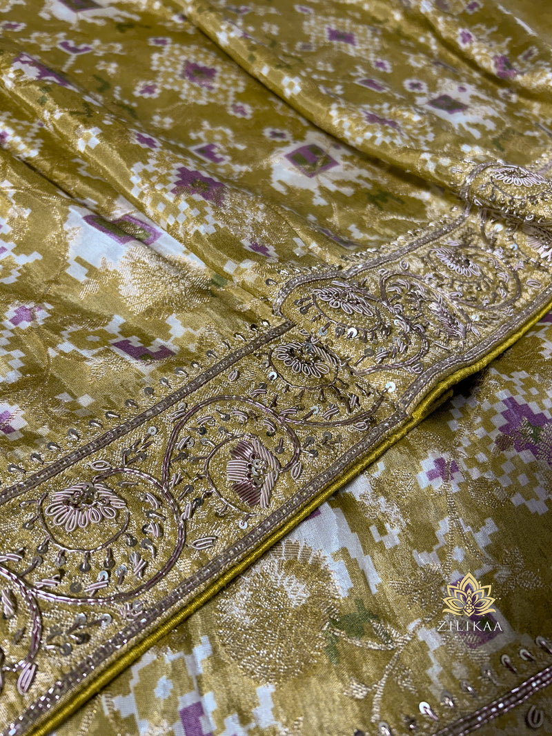 Olive Green Zardozi Handwork Patola Designer Munga silk saree