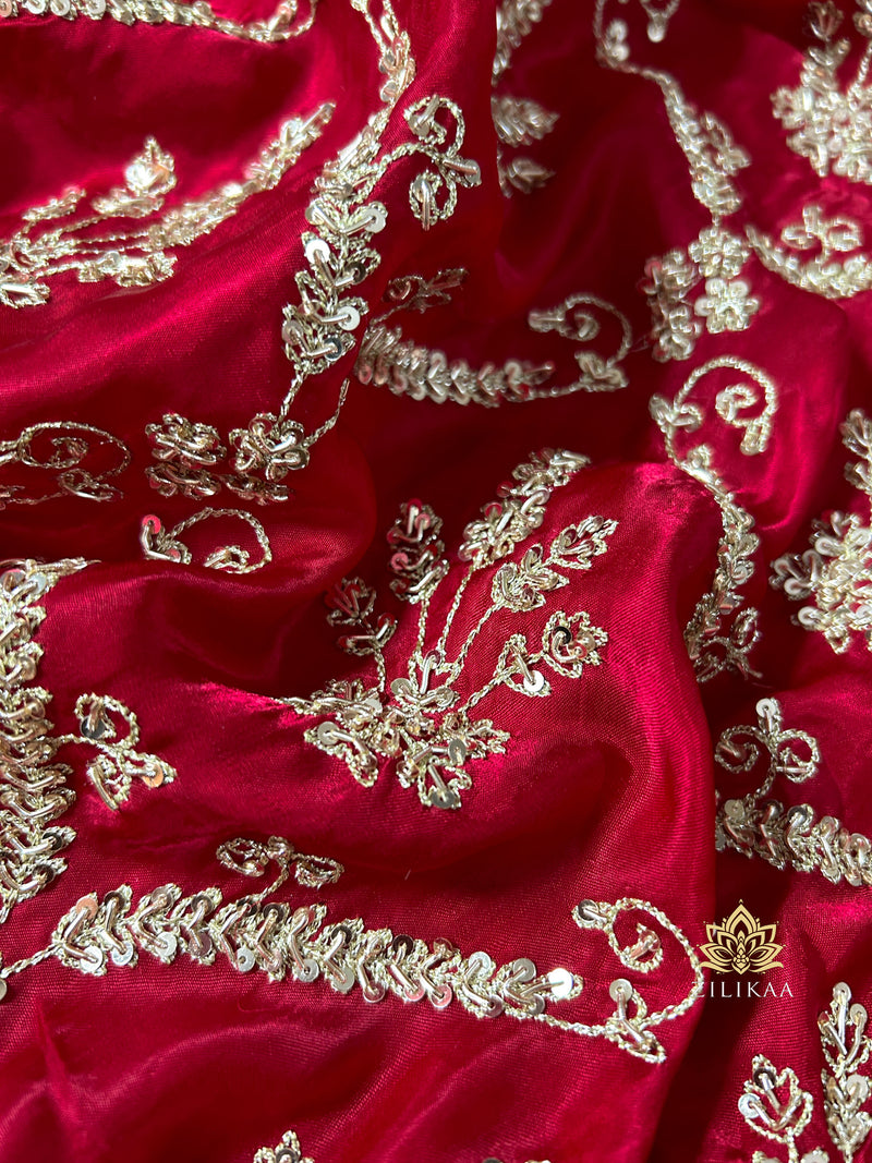 Calcutta Red Aari Zardozi Handwork Satin Silk Saree