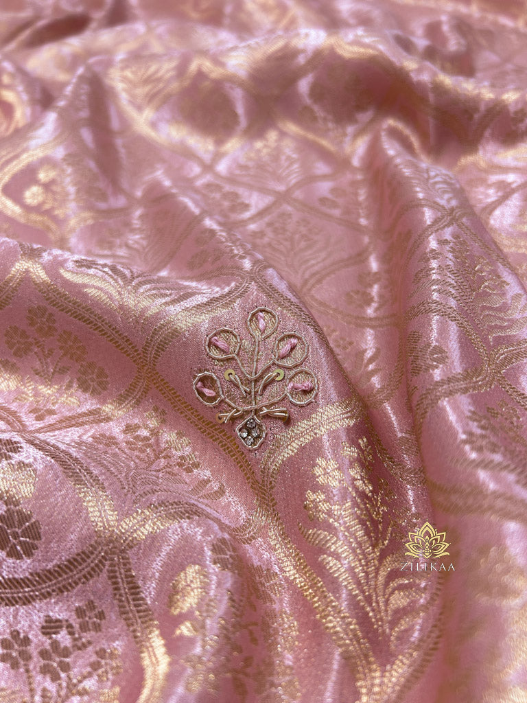 Pastel Pink Special Zardozi Gota Handwork Banarasi Silk Saree