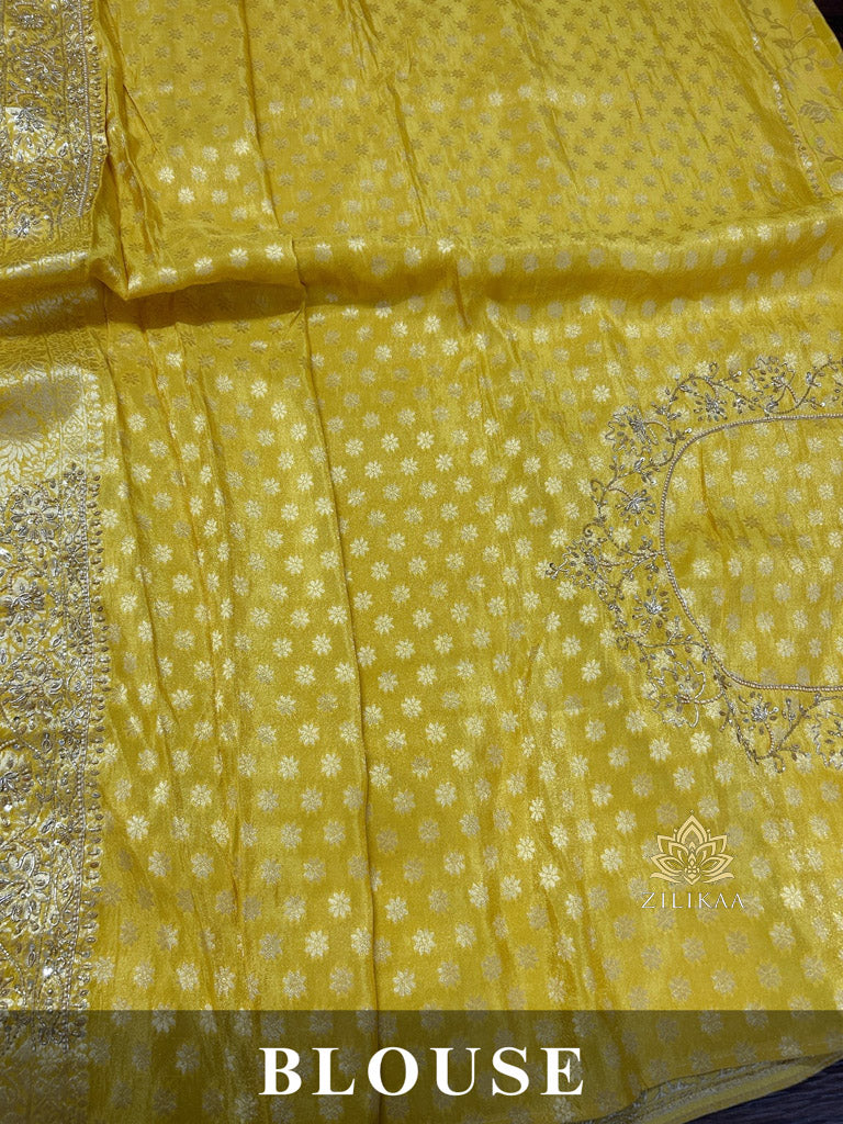 Lemon Yellow Zardozi Handwork Zari Tissue Silk Saree