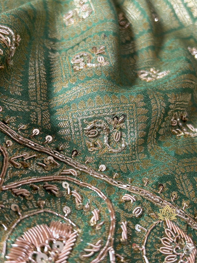 Fern Green Zardozi Handwork Patola Munga silk saree